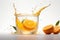 Ai Generative Fresh orange juice splashing out of a glass with orange slices on a white background