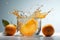 Ai Generative Fresh orange juice splashing out of a glass with orange slices on a white background