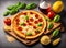 Ai Generative Freshly baked pizza with vegetables and salad on wooden background
