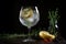 AI GENERATIVE, gin tonic garnished with citrus fruit and rosemary isolated on black background