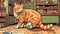 Ai Generative Ginger cat plays with a ball in the living room illustration