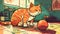 Ai Generative Ginger cat plays with a ball in the living room illustration