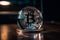 Ai Generative Glass globe with bitcoin on the table. Cryptocurrency concept