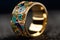 Ai Generative Gold wedding rings with blue and yellow mosaic, ornament on black background