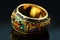 Ai Generative Gold wedding rings with blue and yellow mosaic, ornament on black background