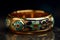 Ai Generative Gold wedding rings with blue and yellow mosaic, ornament on black background