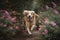 AI GENERATIVE, Golden Retriever running and jumping along a path of flowers.