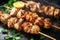 Ai Generative Grilled chicken fillet on skewers with lemon and parsley