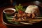 Ai Generative Grilled chicken and rice on a plate with chopsticks, selective focus