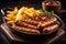 Ai Generative Grilled sausages with French fries and ketchup on wooden background
