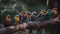 Ai Generative Group of colorful birds sitting on a branch in the forest at dawn