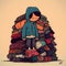 AI generative hand drawn illustration of a person and huge pile of clothes