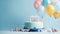 Ai generative. Happy birthday cake with colorful balloons decoration