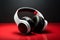 Ai Generative Headphones on a red background. 3d rendering, 3d illustration