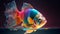 AI Generative Illustration Graphic Design Art Colourful Fish In Water Black Background, Betta fish, siamese fighting fish, betta