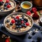 AI generative image of breakfast table with oatmeal with fresh berries and fruit