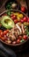 AI generative image of fresh colorful salad with meat, avocado and tomatoes