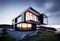 AI generative image of modern and sleek house with glass walls in the evening