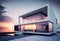 AI generative image of modern and sleek house with glass walls in the evening