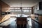 Ai Generative Interior of modern kitchen with black and wooden walls, concrete floor and wooden countertops