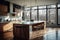 Ai Generative Interior of modern kitchen with black and wooden walls, concrete floor and wooden countertops