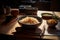 Ai Generative Japanese rice in a bowl on wooden table. Selective focus