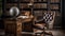 Ai Generative Luxury library interior with bookshelf and leather armchair