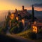 AI-Generative Marvel: A Captivating Italian Landscape with Cottage, River, Medieval Village, and Castle in the Summer Sunset