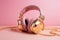 Ai Generative Modern golden headphones on pink background, close up. Music concept