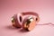 Ai Generative Modern golden headphones on pink background, close up. Music concept