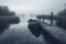 Ai generative. Morning on the river. Boat on the pier