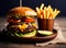 Ai Generative Mouthwatering Sandwich and Fries Served on Dark Tray in Close-Up View