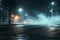 Ai generative. Neon light in a dark empty street with smoke, smog. Scene of empty street, night view