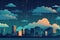 Ai Generative Night city with skyscrapers in the clouds. Vector illustration