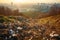 AI generative panoramic image of big city suburbs covered with piles of garbage