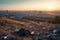 AI generative panoramic image of big city suburbs covered with piles of garbage