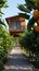 AI generative photography wooden house in the orange garden