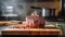 ai generative, piece of meat, freshly cooked on a wooden board, in the kitchen background view