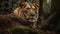 Ai Generative Portrait of a lion in the forest. Wildlife scene from nature. Lion in the jungle