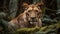 Ai Generative Portrait of a lioness in the forest. Wildlife scene from nature. Lioness in the jungle