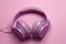 Ai Generative Purple headphones on pink background. Music concept. Top view