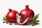 Ai Generative Ripe pomegranate with green leaves on a white background