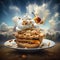 AI generative surrealistic Piece of apple pie with whipped cream and caramel on white plate