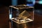 Ai Generative Tetrahedron in a glass cube on a wooden table