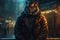 Ai Generative Tiger in a man\\\'s jacket on the background of the night city