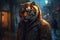 Ai Generative Tiger in a man\\\'s jacket on the background of the night city