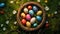 AI Generative. Top view Easter basket with eggs and flowers, sunny meadow background