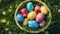 AI Generative. Top view Easter basket with eggs and flowers, sunny meadow background