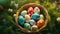 AI Generative. Top view Easter basket with eggs and flowers, sunny meadow background