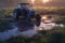 Ai Generative Tractor in a flooded meadow with purple flowers at sunset